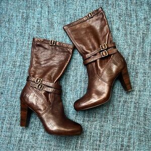 Frye Miranda Slouch Heeled Leather Boots in Dark Brown